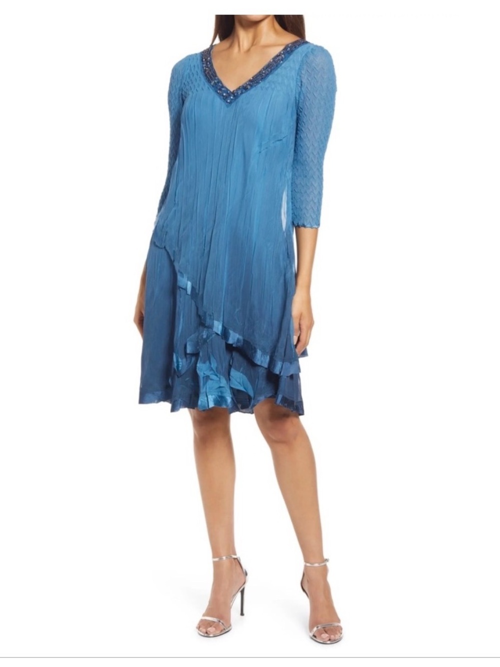 Komarov Beaded V-Neck 3/4 Sleeve Chiffon Charmeuse Trim Dress